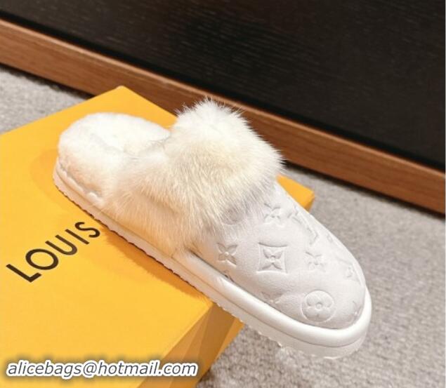 Duplicate Louis Vuitton Suede and Mink Fur Flat Slippers White 1014110