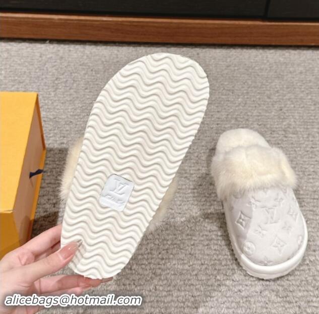 Duplicate Louis Vuitton Suede and Mink Fur Flat Slippers White 1014110