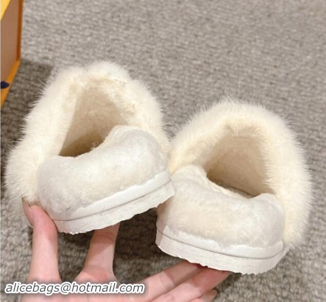 Duplicate Louis Vuitton Suede and Mink Fur Flat Slippers White 1014110