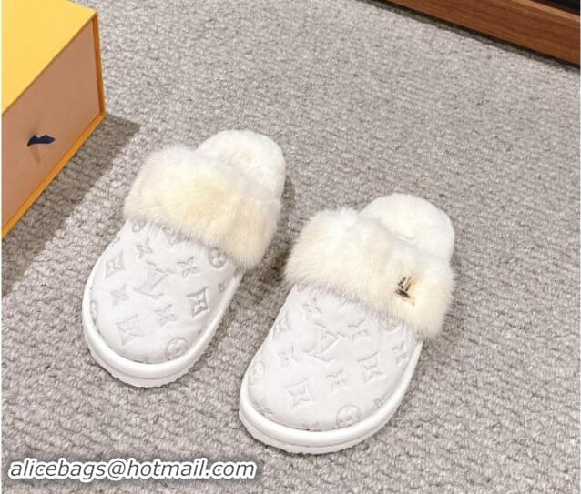 Duplicate Louis Vuitton Suede and Mink Fur Flat Slippers White 1014110