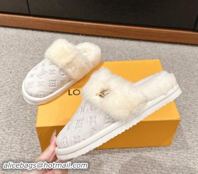 Duplicate Louis Vuitton Suede and Mink Fur Flat Slippers White 1014110