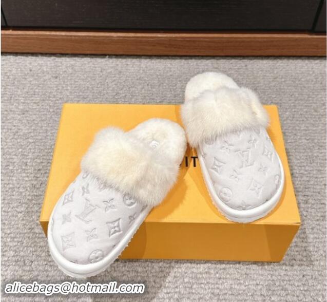 Duplicate Louis Vuitton Suede and Mink Fur Flat Slippers White 1014110