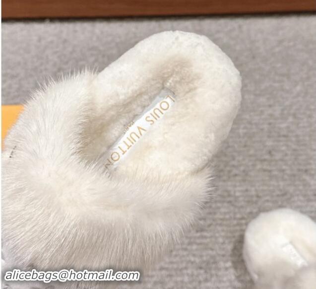 Duplicate Louis Vuitton Suede and Mink Fur Flat Slippers White 1014110