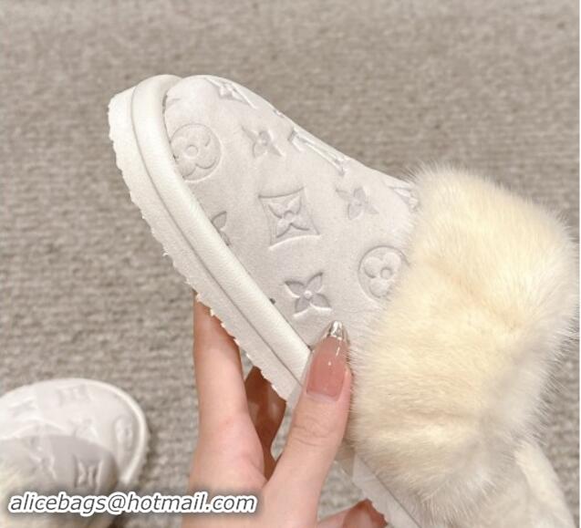 Duplicate Louis Vuitton Suede and Mink Fur Flat Slippers White 1014110