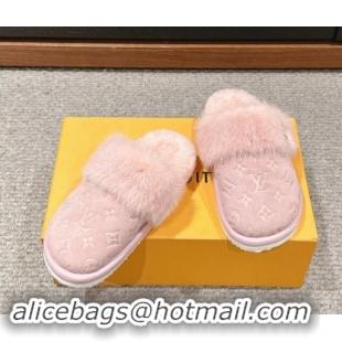 Sophisticated Louis Vuitton Suede and Mink Fur Flat Slippers Light Pink 1014111