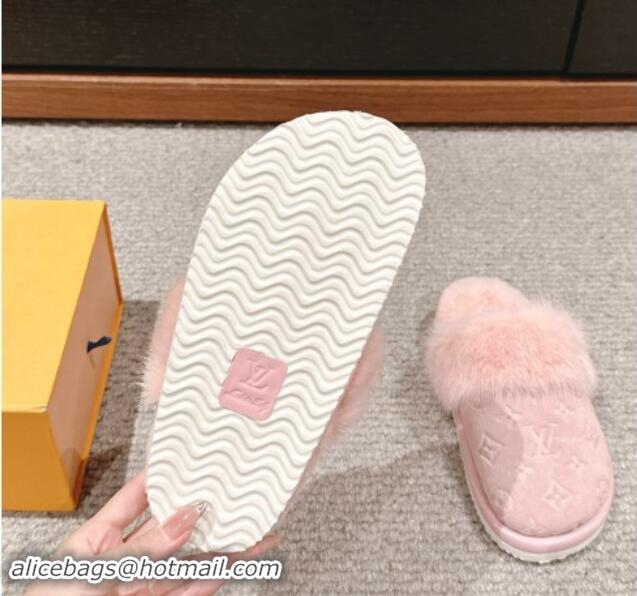 Sophisticated Louis Vuitton Suede and Mink Fur Flat Slippers Light Pink 1014111