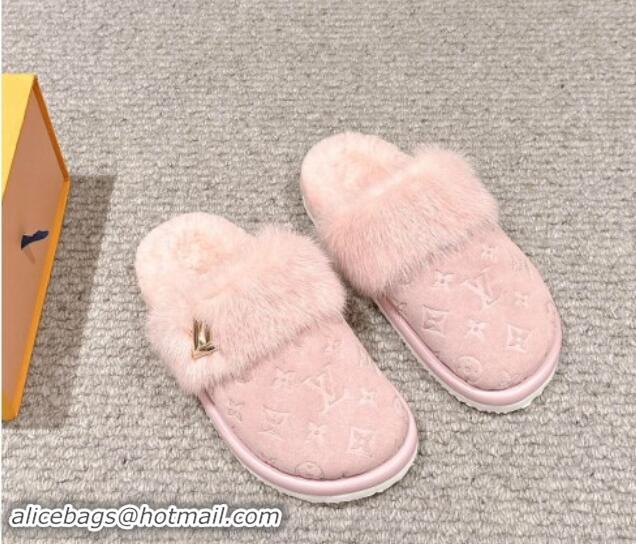 Sophisticated Louis Vuitton Suede and Mink Fur Flat Slippers Light Pink 1014111