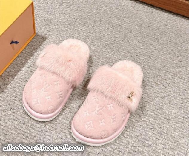 Sophisticated Louis Vuitton Suede and Mink Fur Flat Slippers Light Pink 1014111