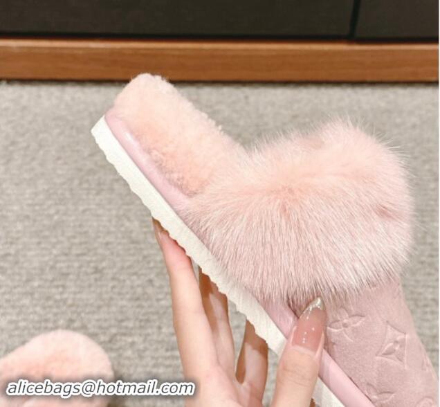 Sophisticated Louis Vuitton Suede and Mink Fur Flat Slippers Light Pink 1014111