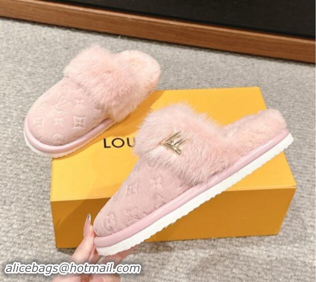 Sophisticated Louis Vuitton Suede and Mink Fur Flat Slippers Light Pink 1014111