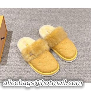 Stylish Louis Vuitton Suede and Mink Fur Flat Slippers Yellow 1014112