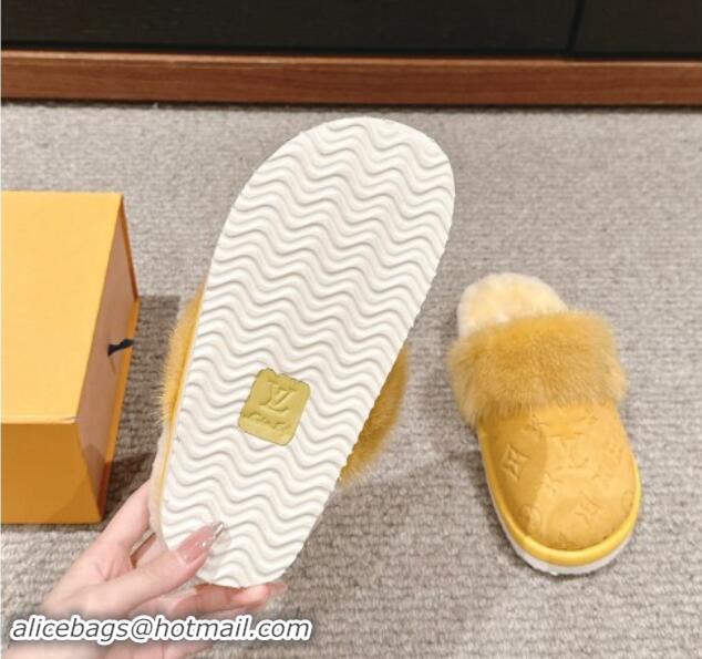 Stylish Louis Vuitton Suede and Mink Fur Flat Slippers Yellow 1014112