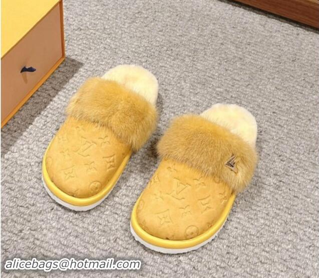 Stylish Louis Vuitton Suede and Mink Fur Flat Slippers Yellow 1014112