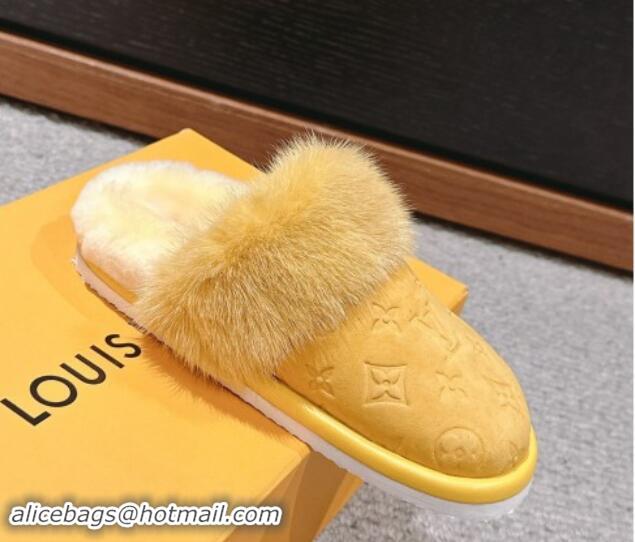 Stylish Louis Vuitton Suede and Mink Fur Flat Slippers Yellow 1014112