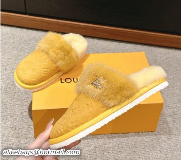 Stylish Louis Vuitton Suede and Mink Fur Flat Slippers Yellow 1014112