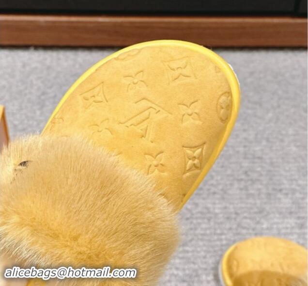 Stylish Louis Vuitton Suede and Mink Fur Flat Slippers Yellow 1014112