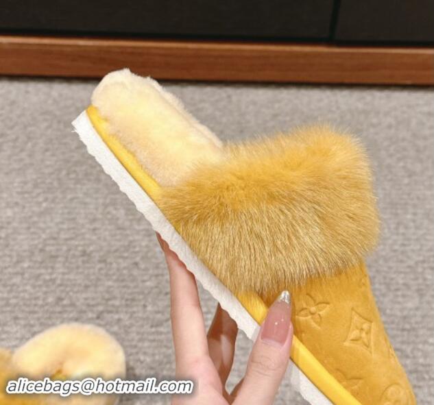 Stylish Louis Vuitton Suede and Mink Fur Flat Slippers Yellow 1014112