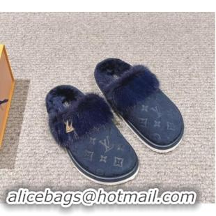 Perfect Louis Vuitton Suede and Mink Fur Flat Slippers Dark Blue 1014113