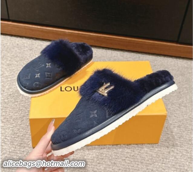 Perfect Louis Vuitton Suede and Mink Fur Flat Slippers Dark Blue 1014113