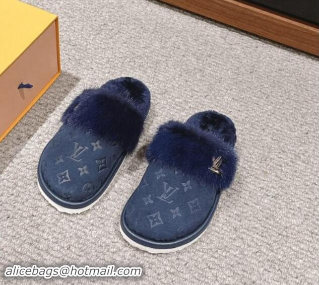 Perfect Louis Vuitton Suede and Mink Fur Flat Slippers Dark Blue 1014113