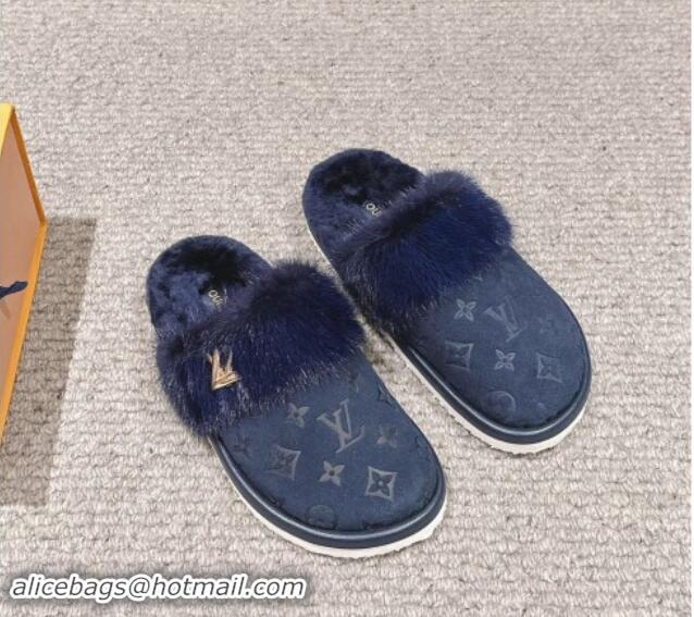 Perfect Louis Vuitton Suede and Mink Fur Flat Slippers Dark Blue 1014113