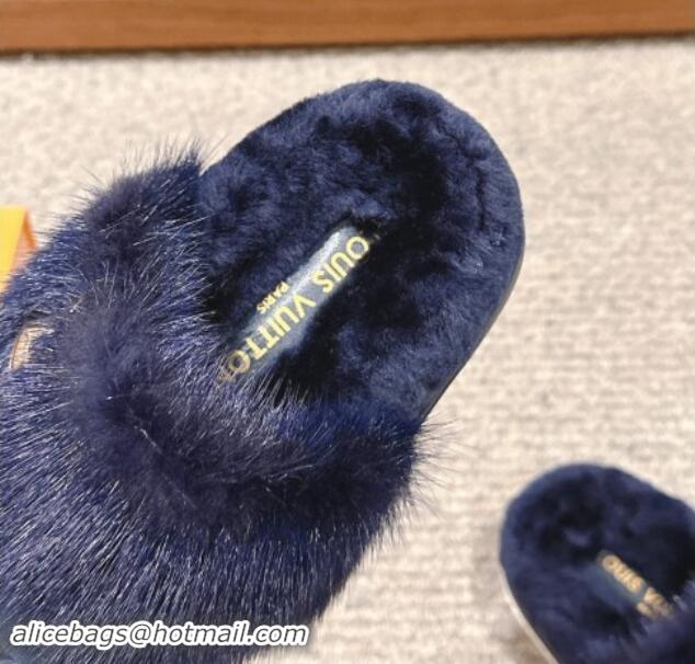 Perfect Louis Vuitton Suede and Mink Fur Flat Slippers Dark Blue 1014113