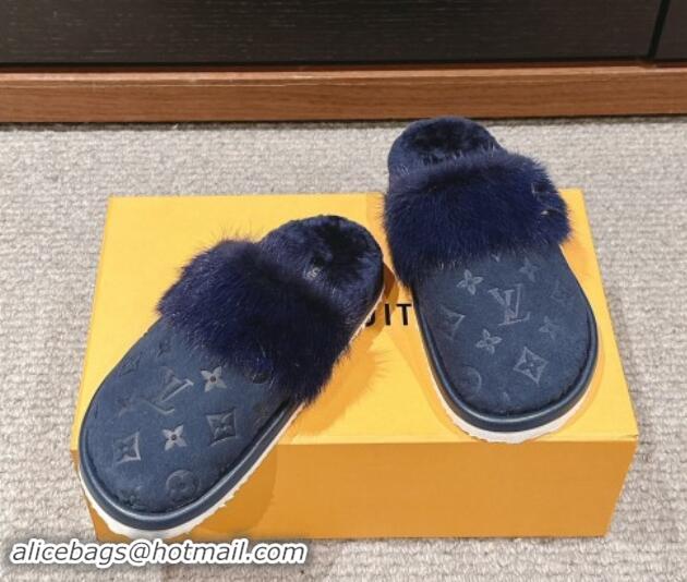 Perfect Louis Vuitton Suede and Mink Fur Flat Slippers Dark Blue 1014113