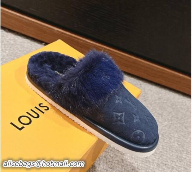 Perfect Louis Vuitton Suede and Mink Fur Flat Slippers Dark Blue 1014113