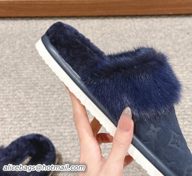 Perfect Louis Vuitton Suede and Mink Fur Flat Slippers Dark Blue 1014113