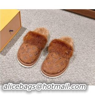 Sumptuous Louis Vuitton Suede and Mink Fur Flat Slippers Brown 1014114