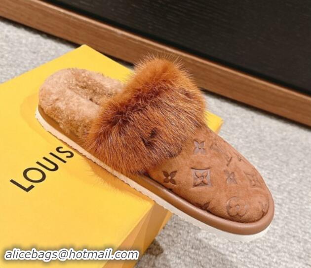 Sumptuous Louis Vuitton Suede and Mink Fur Flat Slippers Brown 1014114