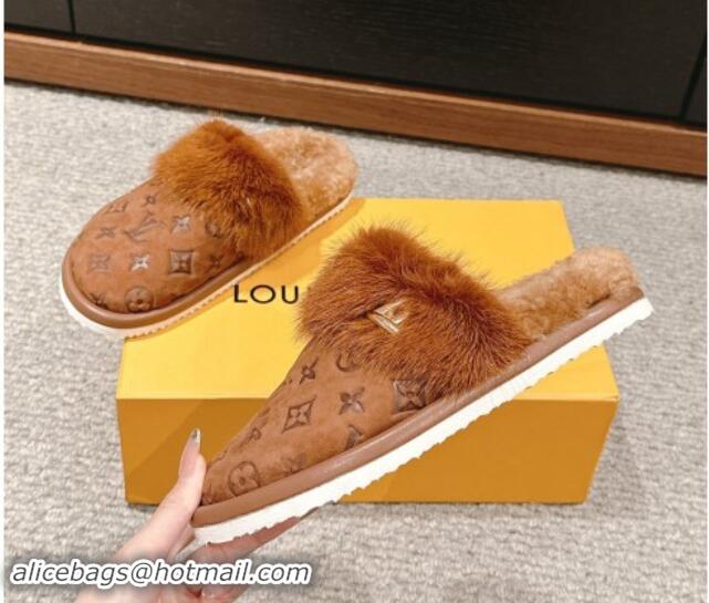 Sumptuous Louis Vuitton Suede and Mink Fur Flat Slippers Brown 1014114