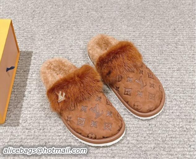 Sumptuous Louis Vuitton Suede and Mink Fur Flat Slippers Brown 1014114