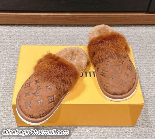 Sumptuous Louis Vuitton Suede and Mink Fur Flat Slippers Brown 1014114