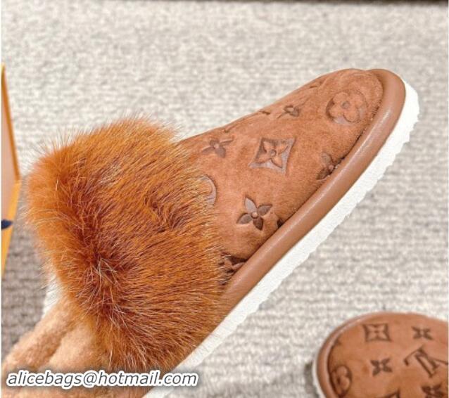 Sumptuous Louis Vuitton Suede and Mink Fur Flat Slippers Brown 1014114