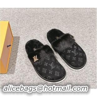 Popular Style Louis Vuitton Suede and Mink Fur Flat Slippers Black 1014115