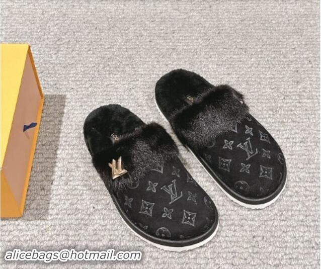 Popular Style Louis Vuitton Suede and Mink Fur Flat Slippers Black 1014115