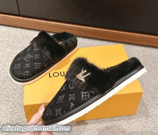 Popular Style Louis Vuitton Suede and Mink Fur Flat Slippers Black 1014115