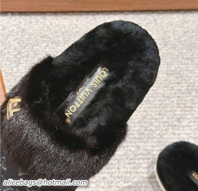 Popular Style Louis Vuitton Suede and Mink Fur Flat Slippers Black 1014115