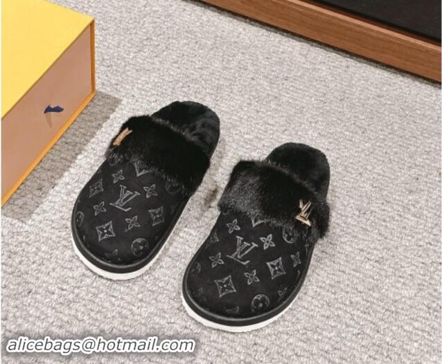 Popular Style Louis Vuitton Suede and Mink Fur Flat Slippers Black 1014115