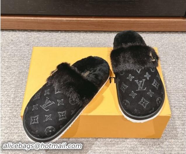 Popular Style Louis Vuitton Suede and Mink Fur Flat Slippers Black 1014115