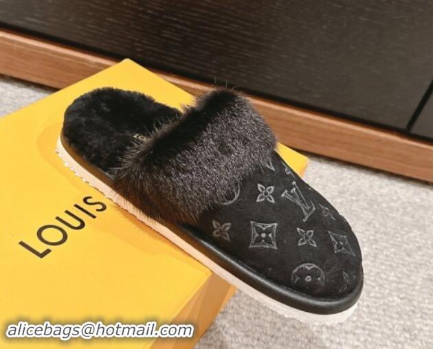 Popular Style Louis Vuitton Suede and Mink Fur Flat Slippers Black 1014115