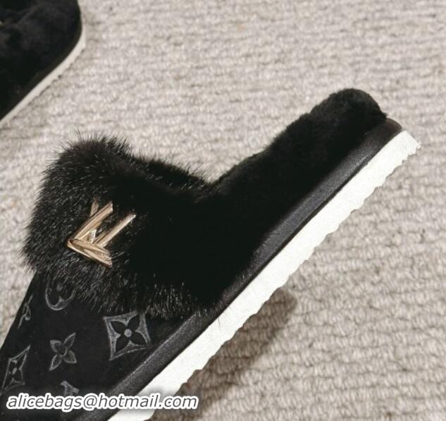 Popular Style Louis Vuitton Suede and Mink Fur Flat Slippers Black 1014115