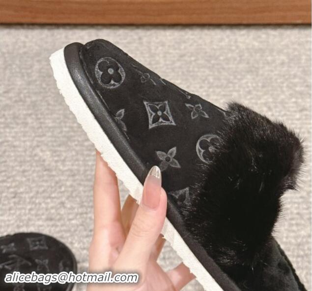 Popular Style Louis Vuitton Suede and Mink Fur Flat Slippers Black 1014115