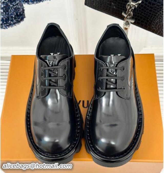 Shop Duplicate Louis Vuitton LV Checker Derby Lace-up Sneakers in Black Glazed Leather 1014116