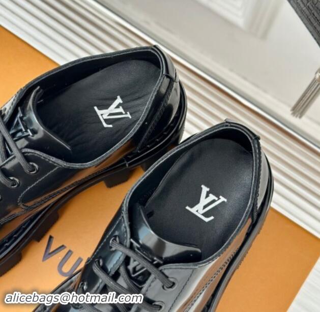 Shop Duplicate Louis Vuitton LV Checker Derby Lace-up Sneakers in Black Glazed Leather 1014116