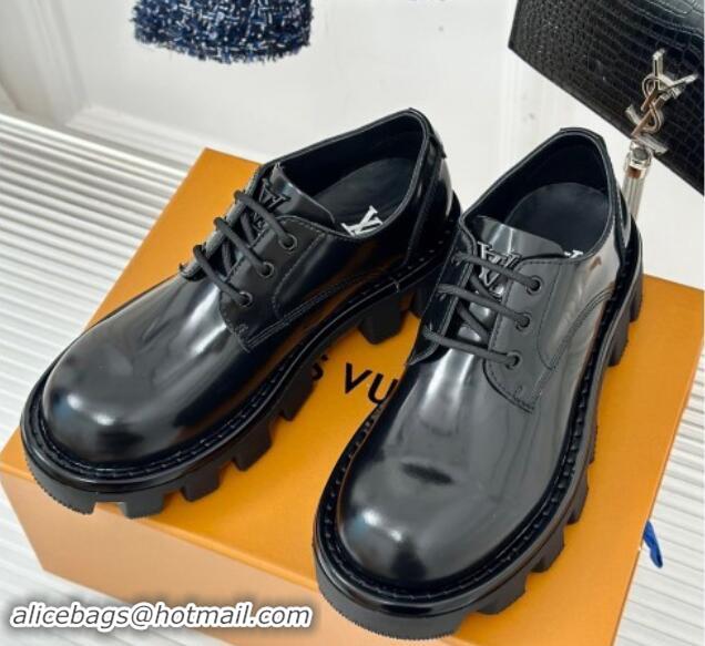 Shop Duplicate Louis Vuitton LV Checker Derby Lace-up Sneakers in Black Glazed Leather 1014116