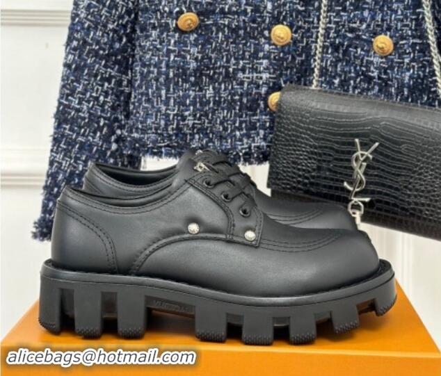 Top Design Louis Vuitton LV Checker Derby Lace-up Sneakers in Black Leather with Studs 1014117