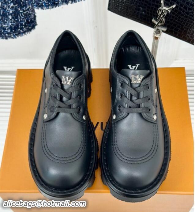 Top Design Louis Vuitton LV Checker Derby Lace-up Sneakers in Black Leather with Studs 1014117