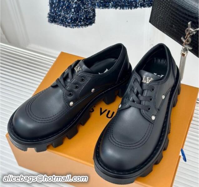 Top Design Louis Vuitton LV Checker Derby Lace-up Sneakers in Black Leather with Studs 1014117